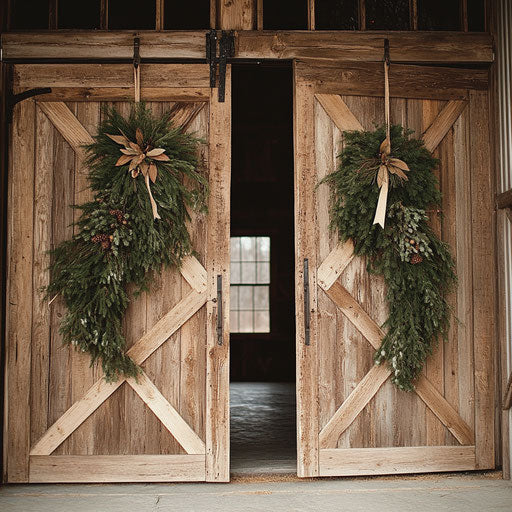 Rustic barn door adorned with pine branch and burlap garland