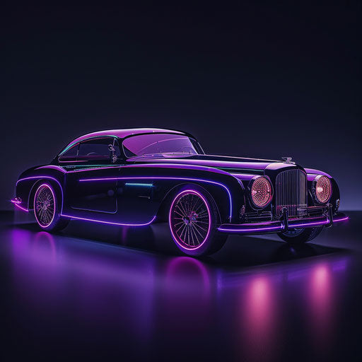 Retro-futuristic 1954 Bentley R Type Continental with neon accents and holographic displays