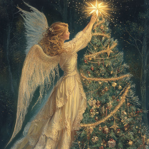 An ethereal angel placing a star atop a towering Christmas tree