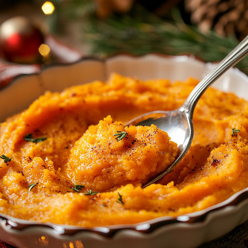 A spoon dipping into creamy mashed yams