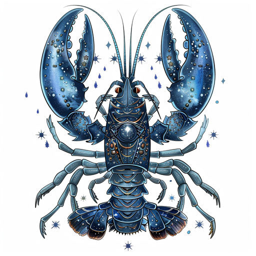 Surreal flat tattoo sketch of a lobster with celestial motifs on its shell, mystical blues and silvers, clipart style