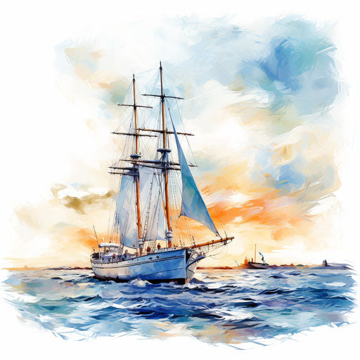 Nautical clipart in the style of Impressionistic Art, on white background