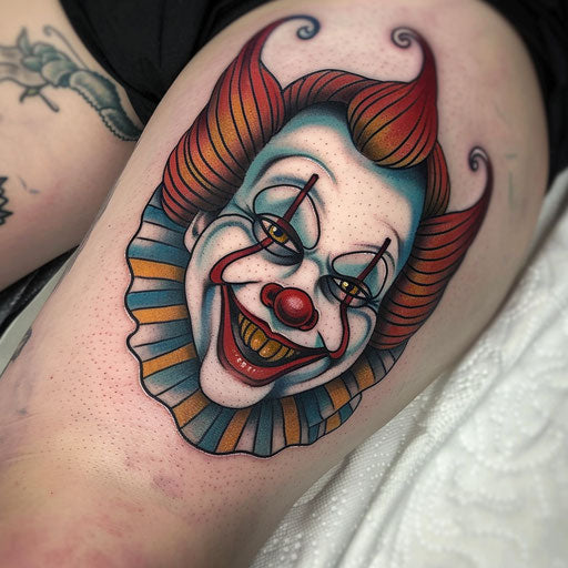 Neo-traditional clown tattoo on white background