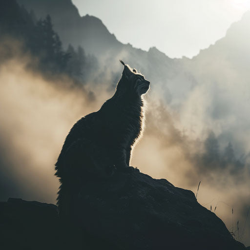 Silhouette of a Pallas's cat against misty mountains