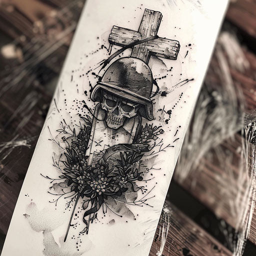 Sketch of navy tattoo with sailor's grave, cross, helmet in black & grey on white