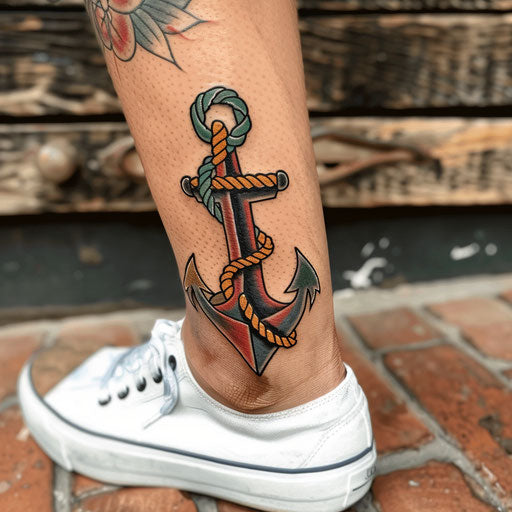 Ankle tattoos in the style of Sailor Jerry featuring a small anchor and rope