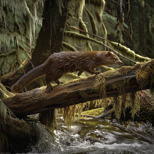 Wild mink running across wooden bridge over rushing stream