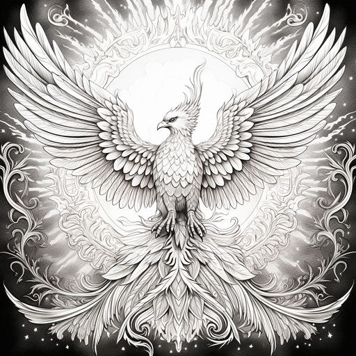 Coloring page for adults drawing phoenix with stars and sun in Papua New Guinea art style