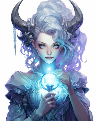 Beautiful unicorn with blue hair holding blue crystal ball