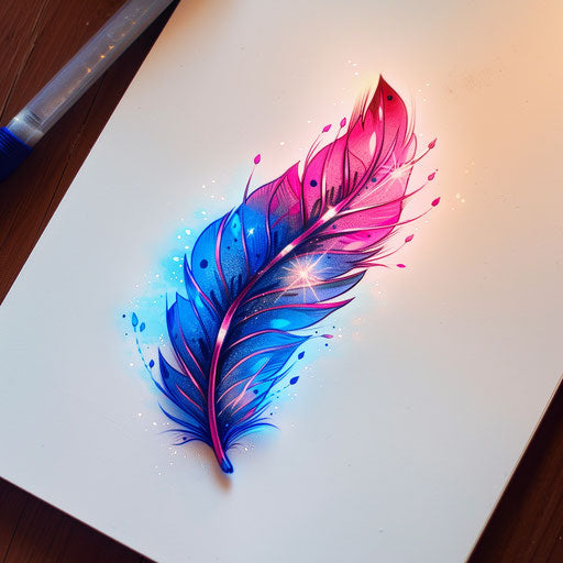 Elegant flat tattoo sketch of a neon feather with shimmering blue and pink hues