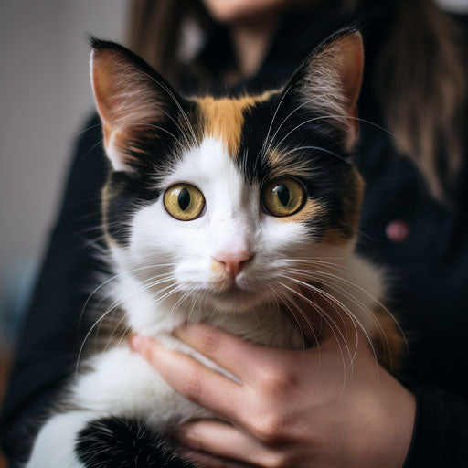 Calico cat held by its owner