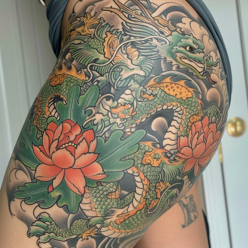 Dragon and phoenix thigh tattoo in the style of Ed Hardy