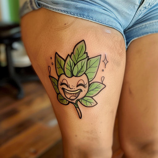 Charming flat tattoo sketch of a playful sage leaf character with a smile
