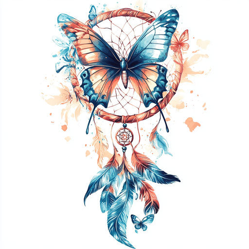 Tattooed butterfly sketch with dreamcatcher on white background