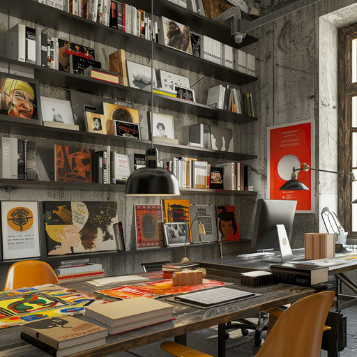 Art curator's office with catalogs and exhibition plans