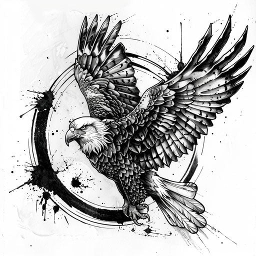 Black and grey tattoo sketch of an eagle in flight