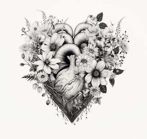 Floral heart with hand-drawn flowers in black and white
