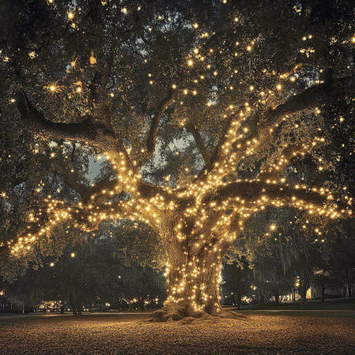 Majestic oak tree wrapped in lights in a park