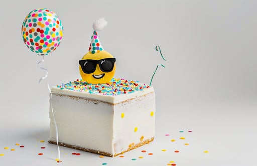 White cake with emoji and balloon for birthday celebration