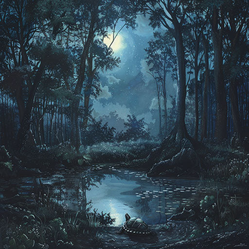Moonlight in a dense clearing, a wood turtle