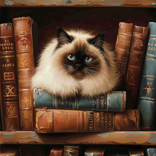 Himalayan cat perched on a bookshelf, surrounded by books