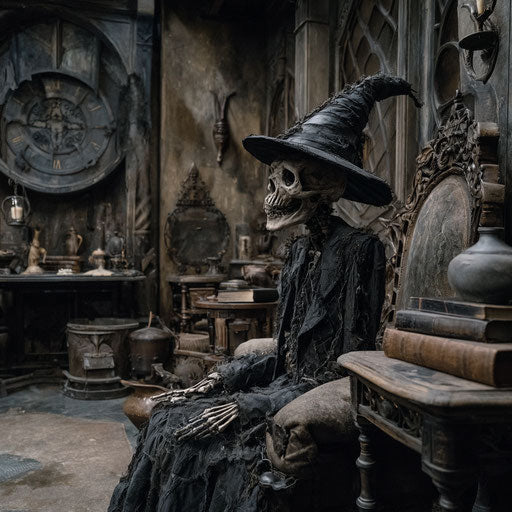 A skeletal witch-like figure in a decaying room
