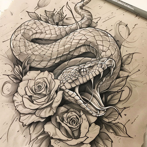 Tattoo sketch of a Chicano art snake and roses