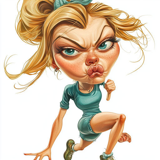 Humorous caricature of a beauty clipart image with human characteristics, exaggerated large nose, toes feet, mid-jump, vibrant colors, cartoon style, pointing, high resolution, no background, isolated -c 40