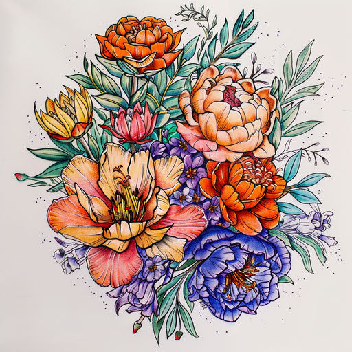 Vibrant flat tattoo sketch of a birth flower bouquet with playful peonies and rhododendrons
