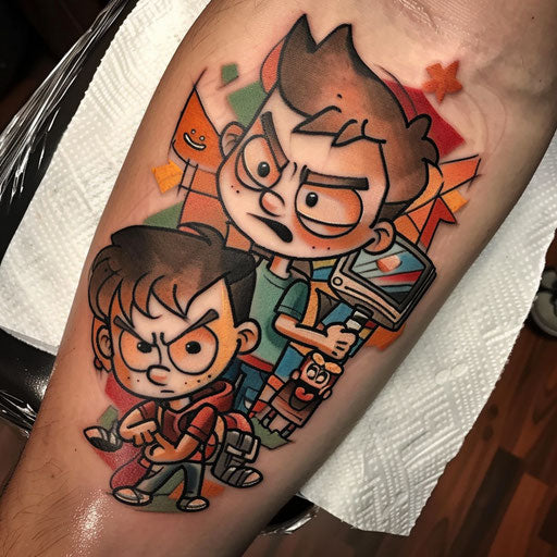 Brotherly tattoos with cartoonish flair, Steve Sack style