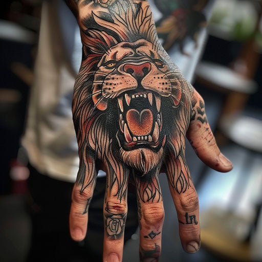 Hand tattoo for men featuring a roaring lion, in the style of Ami James