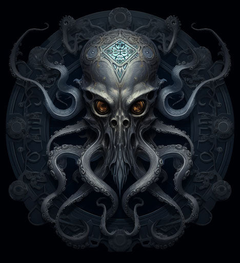 Octopus head in religious symbolism, navy and gray