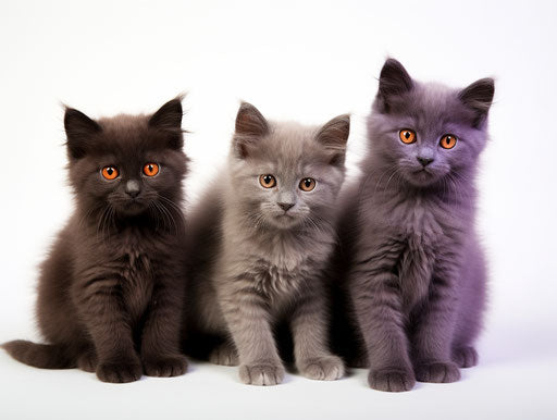 Four gray kittens on white background, dark purple and dark gold style