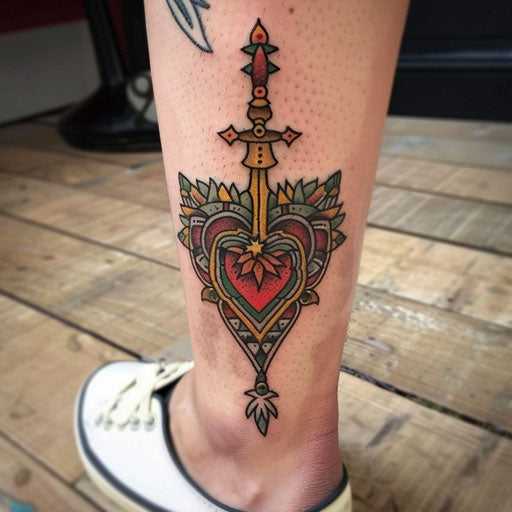 Ankle tattoos in the style of Ed Hardy with a traditional heart and dagger