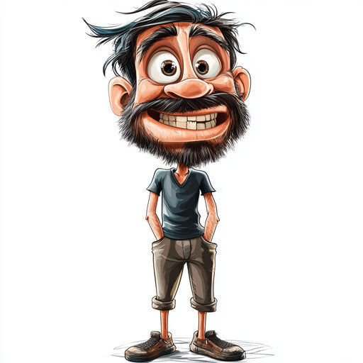 Humorous caricature of a tall caricature clipart with human characteristics, thin lips, big feet, monochrome, vibrant colors, cartoon style, smiling, high resolution, isolated