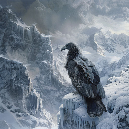 Condor in a wintry landscape with snowy peaks