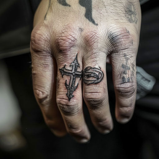 Tattoo of a magical rune ring, in the style of Peter Jackson, on the finger