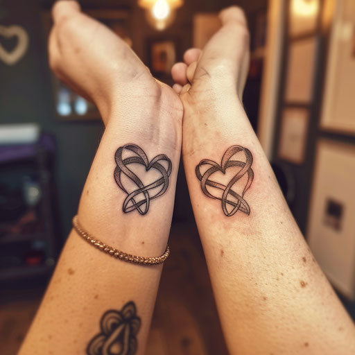 Matching sister tattoos with intertwined hearts