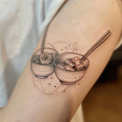Korean culinary elements tattoo with kimchi and rice bowls