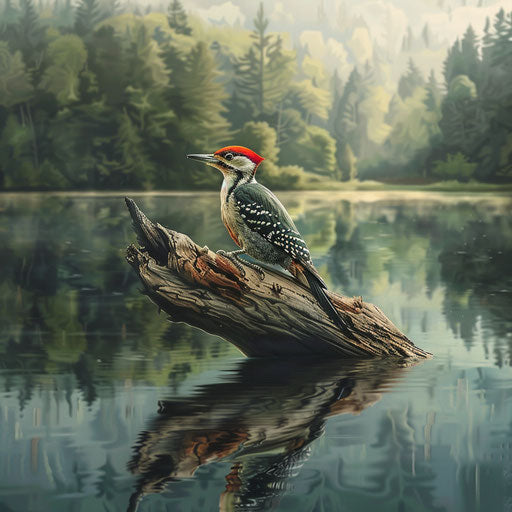 Woodpecker on driftwood by calm lake reflecting nature