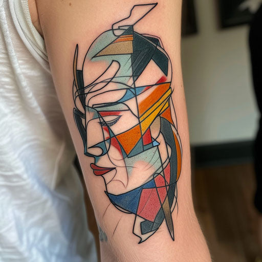 Cubist-inspired tattoo of Persephone, fragmented forms