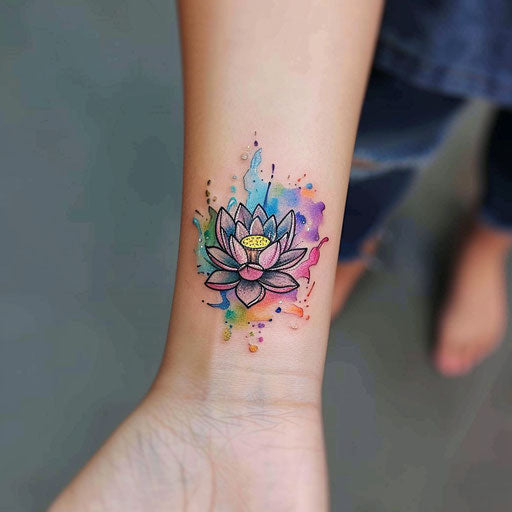 Sketch of a serene lotus flower tattoo with watercolor splashes for women's wrist coverup