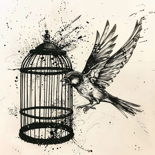 Flat tattoo sketch of bird escaping from cage