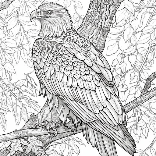 Eagle perched on a tree branch with intricate bark and foliage details. Coloring book page