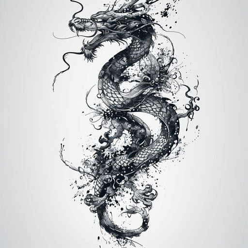 Dynamic composition of a unalome tattoo merging with a dragon