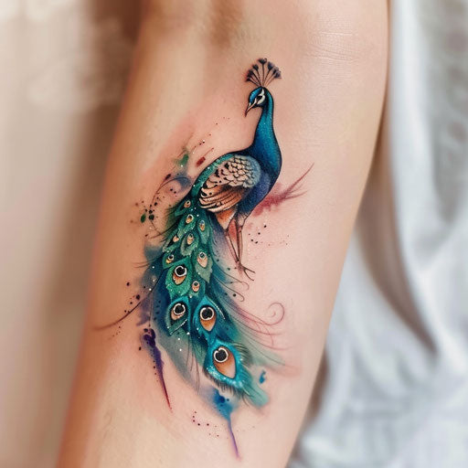 Fusion style peacock tattoo in realism-abstract blend on white