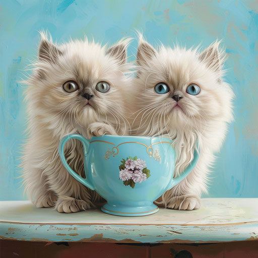 Two Himalayan kittens sitting in a teacup, looking curious