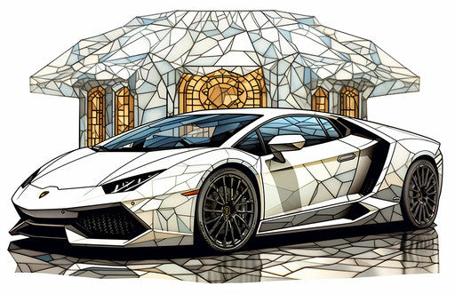 White lambo with large umbrella, meticulous inking, stained glass effect