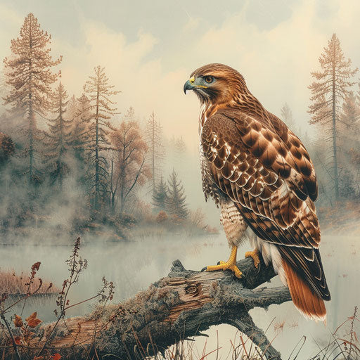 Red hawk bird near a serene pond