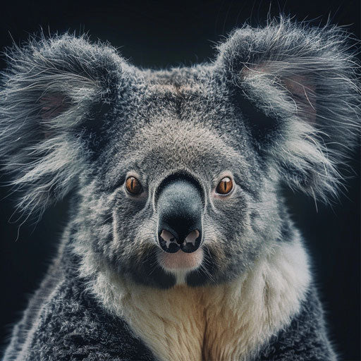 Close-up portrait of a koala in the forest, in the style of Tim Flach